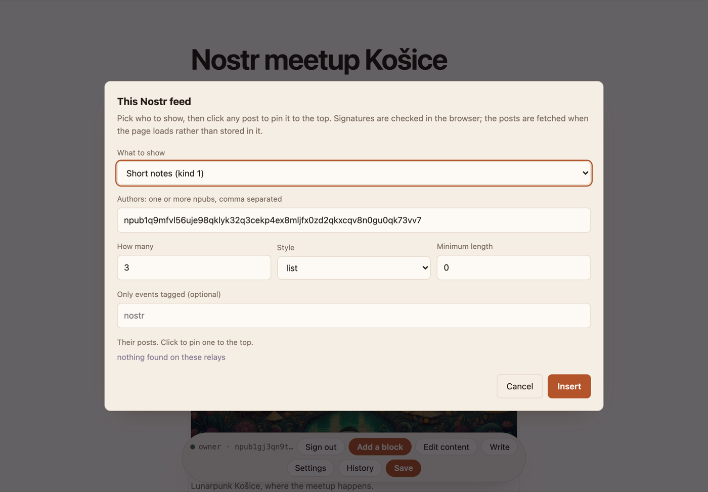 The Nostr feed dialog, listing real posts from the account whose npub was entered